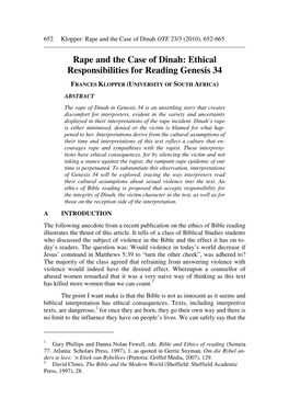 Rape and the Case of Dinah: Ethical Responsibilities for Reading Genesis 34