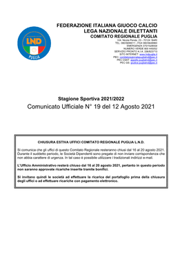 Comunicato Ufficiale N° 19 Del 12 Agosto 2021