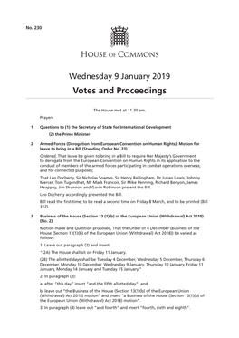 Votes and Proceedings, 9 January 2019