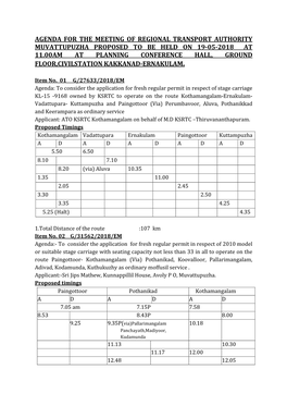 Agenda for the Meeting of Regional Transport Authority Muvattupuzha Proposed to Be Held on 19-05-2018 at 11.00Am at Planning Co