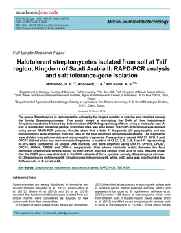 Halotolerant Streptomycetes Isolated from Soil at Taif Region, Kingdom of Saudi Arabia II: RAPD-PCR Analysis and Salt Tolerance-Gene Isolation