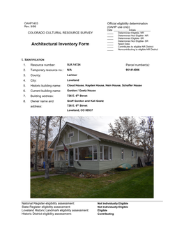 Architectural Inventory Form Need Data Contributes to Eligible NR District Noncontributing to Eligible NR District