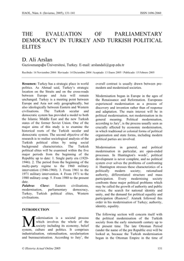 The Evaluation of Parliamentary Democracy in Turkey and Turkish Political Elites