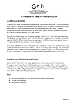 Gramercy Park Hotel Internship Program