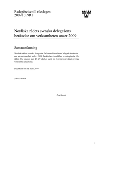 Nordiska Rådets Svenska Delegations Berättelse Om Verksamheten Under 2009