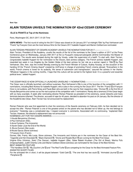 ALAIN TERZIAN UNVEILS the NOMINATION of 42Nd CESAR CEREMONY