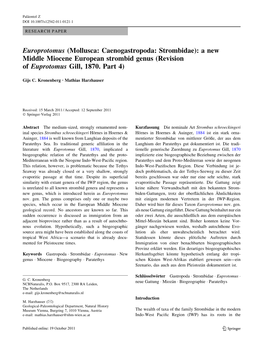 A New Middle Miocene European Strombid Genus (Revision of Euprotomus Gill, 1870