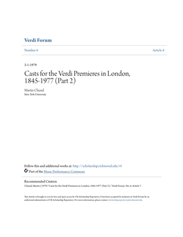 Casts for the Verdi Premieres in London, 1845-1977 (Part 2) Martin Chusid New York University