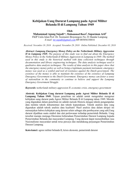 Kebijakan Uang Darurat Lampung Pada Agresi Militer Belanda II Di Lampung Tahun 1949