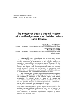 The Metropolitan Area As a Knee-Jerk Response to the Multilevel Governance and Its Derived National Public Decisions