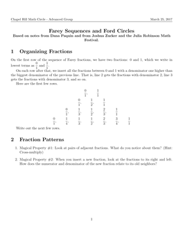 Farey Sequences and Ford Circles Based on Notes from Dana Paquin and from Joshua Zucker and the Julia Robinson Math Festival