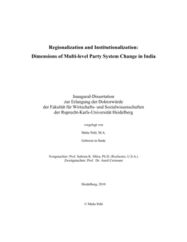 Regionalization and Institutionalization: Dimensions of Multi�Level Party System Change in India