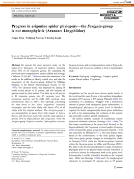 Progress in Erigonine Spider Phylogeny—The Savignia-Group Is Not Monophyletic (Araneae: Linyphiidae)