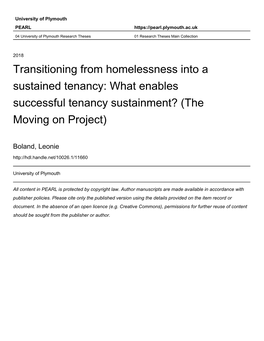 Transitioning from Homelessness Into a Sustained Tenancy: What Enables Successful Tenancy Sustainment? (The Moving on Project)