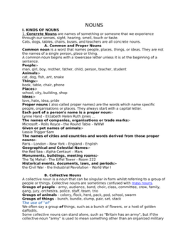 I. KINDS of NOUNS 1. Concrete Nouns Are Names of Something Or Someone That We Experience Through Our Senses, Sight, Hearing, Smell, Touch Or Taste