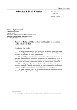 Report of the Special Rapporteur on the Right to Education on His Mission to Fiji*