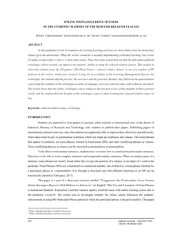 Online Writelogue Effectiveness in the Students’ Mastery of the Reduced Relative Clauses