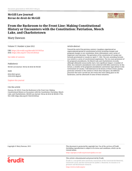 Making Constitutional History Or Encounters with the Constitution: Patriation, Meech Lake, and Charlottetown Mary Dawson