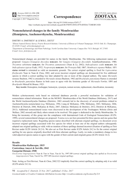 Nomenclatural Changes in the Family Membracidae (Hemiptera, Auchenorrhyncha, Membracoidea)