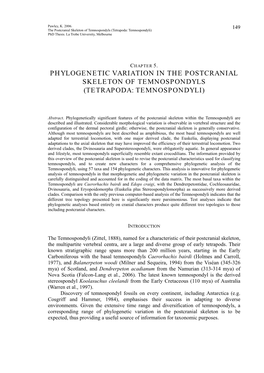 The Postcranial Skeleton of Temnospondyls (Tetrapoda: Temnospondyli) Phd Thesis