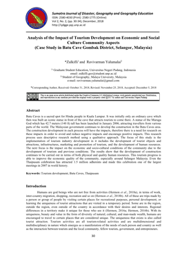 Analysis of the Impact of Tourism Development on Economic and Social Culture Community Aspects (Case Study in Batu Cave Gombak District, Selangor, Malaysia)