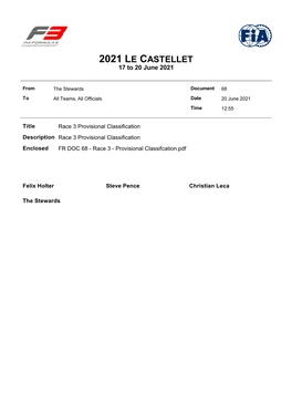 Provisional Classification Description Race 3 Provisional Classification Enclosed FR DOC 68 - Race 3 - Provisional Classifcation.Pdf