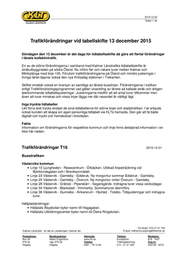 Trafikförändringar Vid Tabellskifte 13 December 2015