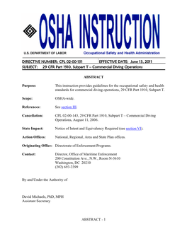 DIRECTIVE NUMBER: CPL 02-00-151 EFFECTIVE DATE: June 13, 2011 SUBJECT: 29 CFR Part 1910, Subpart T – Commercial Diving Operations