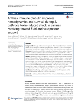 Anthrax Immune Globulin Improves Hemodynamics and Survival During B