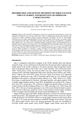 Distribution and Genetic Diversity of Tobacco Etch Virus in Turkey and Resistance of Improved Capsicum Lines - 14641