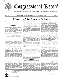 Congressional Record United States of America PROCEEDINGS and DEBATES of the 107Th CONGRESS, FIRST SESSION