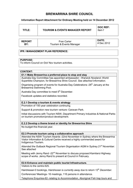 TOURISM & EVENTS MANAGER REPORT Item F