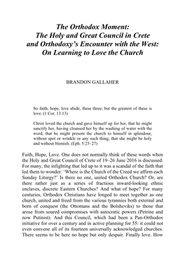 The Orthodox Moment: the Holy and Great Council in Crete and Orthodoxy’S Encounter with the West: on Learning to Love the Church