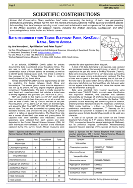 Bats Recorded from Tembe Elephant Park, Kwazulu- Natal