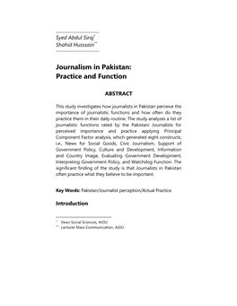 Journalism in Pakistan: Practice and Function