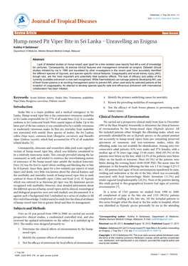 Hump-Nosed Pit Viper Bite in Sri Lanka–Unravelling an Enigma Kolitha H Sellahewa* Department of Medicine, Melaka Manipal Medical College, Malaysia