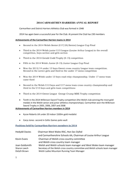 2014 CARMARTHEN HARRIERS ANNUAL REPORT Hedydd Davies