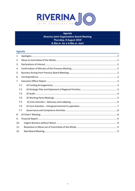 Agenda Riverina Joint Organisation Board Meeting Thursday, 8 August 2019 8.30A.M