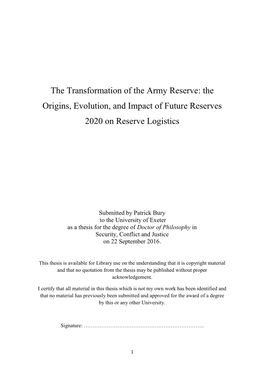 The Transformation of the Army Reserve: the Origins, Evolution, and Impact of Future Reserves 2020 on Reserve Logistics