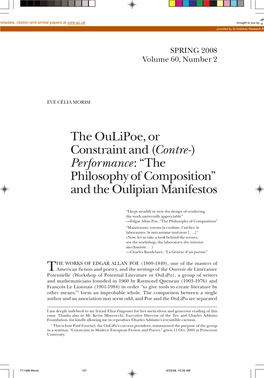 The Oulipoe, Or Constraint and (Contre-) Performance: “The Philosophy of Composition” and the Oulipian Manifestos