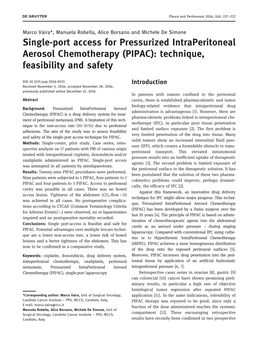Single-Port Access for Pressurized Intraperitoneal Aerosol Chemotherapy (PIPAC): Technique, Feasibility and Safety