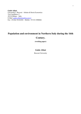 Population and Environment in Northern Italy During the 16Th Century