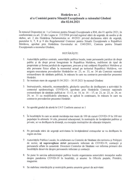 Hotărâre Nr. 2 Al a Comisiei Pentru Situaţii Excepţionale a Raionului Glodeni Din 02.04.2021