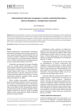 Endosymbionty Bakteryjne Występujące U Owadów Z Podrzędu Heteroptera (Insecta: Hemiptera) – Występowanie I Znaczenie *