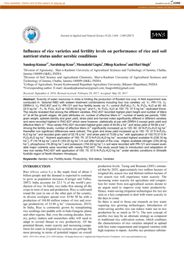 Influence of Rice Varieties and Fertility Levels on Performance of Rice and Soil Nutrient Status Under Aerobic Conditions