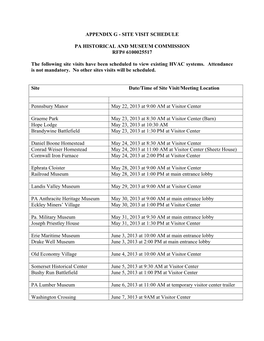 Appendix G - Site Visit Schedule