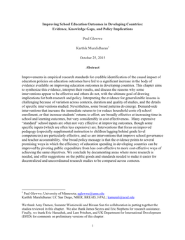 Improving School Education Outcomes in Developing Countries: Evidence, Knowledge Gaps, and Policy Implications