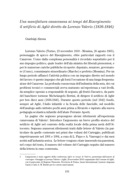 Una Manifattura Canavesana Ai Tempi Del Risorgimento: Il Setificio Di Agliè Diretto Da Lorenzo Valerio (1836-1846)