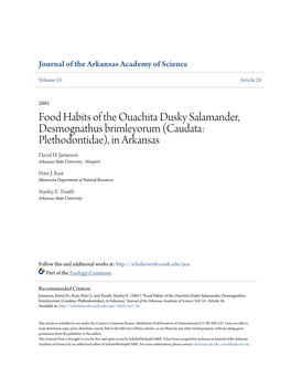 Food Habits of the Ouachita Dusky Salamander, Desmognathus Brimleyorum (Caudata: Plethodontidae), in Arkansas David H