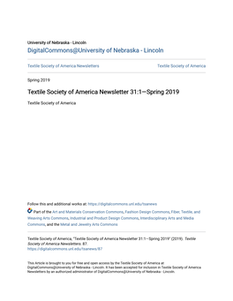 Textile Society of America Newsletter 31:1Â•Flspring 2019